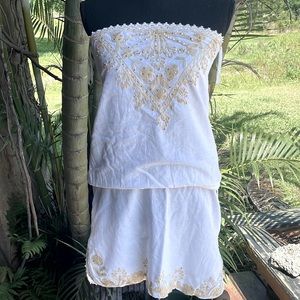 Cynthia Rowley white strapless summer dress. Gold embroidery and sequins. Size L